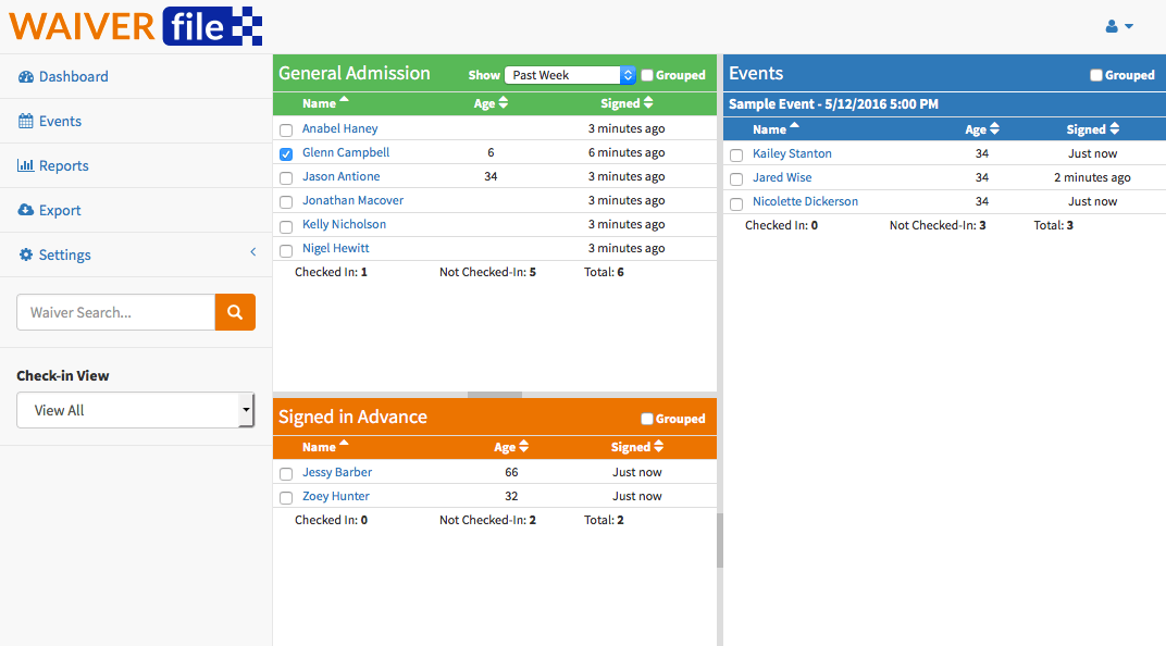 WaiverFile check-in dashboard